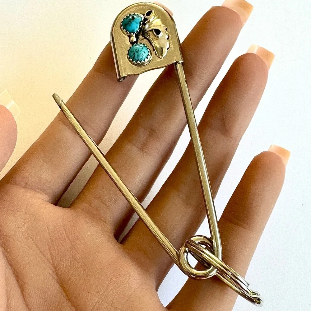 Navajo Safety Pin Keyring Turquoise Leaf Key Chain Tag 4in Mens Gift Big Native